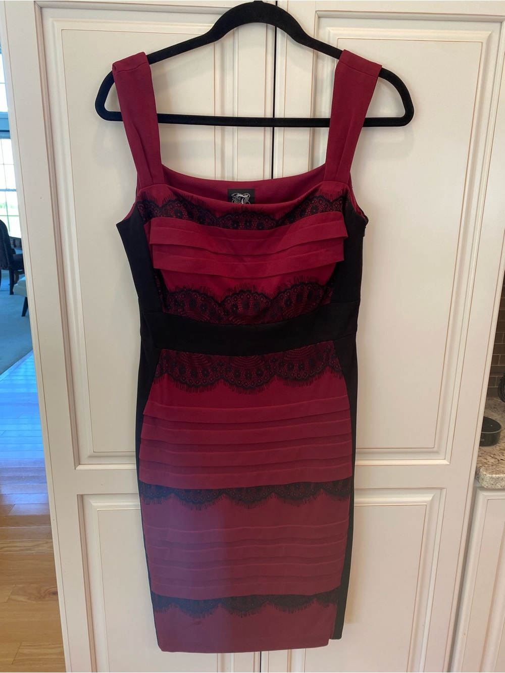 Jax Burgundy and Black Lace-Trim Midi Dress